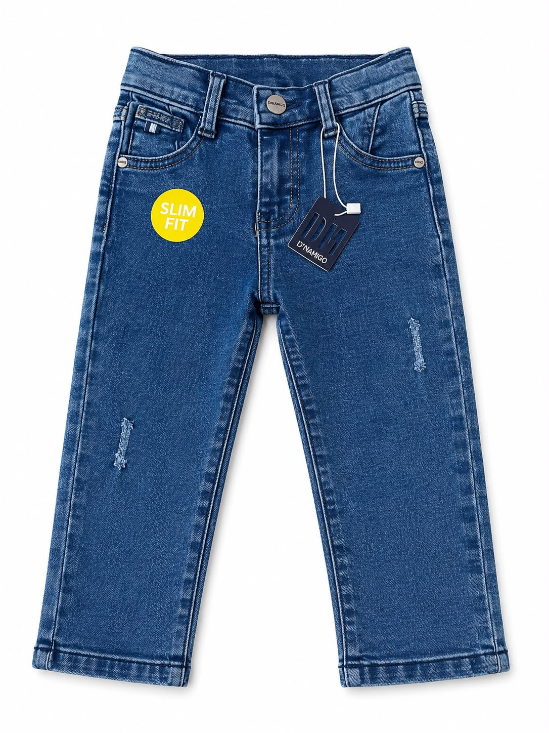 Pantalón niño mezclilla azul slim fit con detalles desgastados