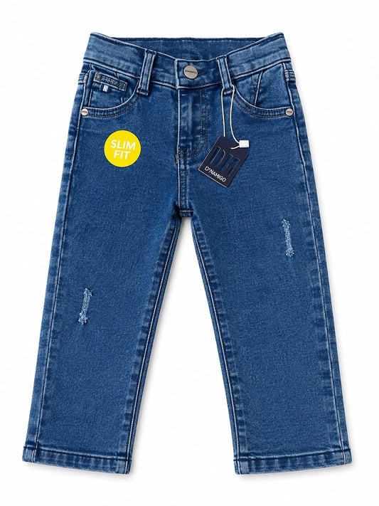 Pantalón niño mezclilla azul slim fit con detalles desgastados