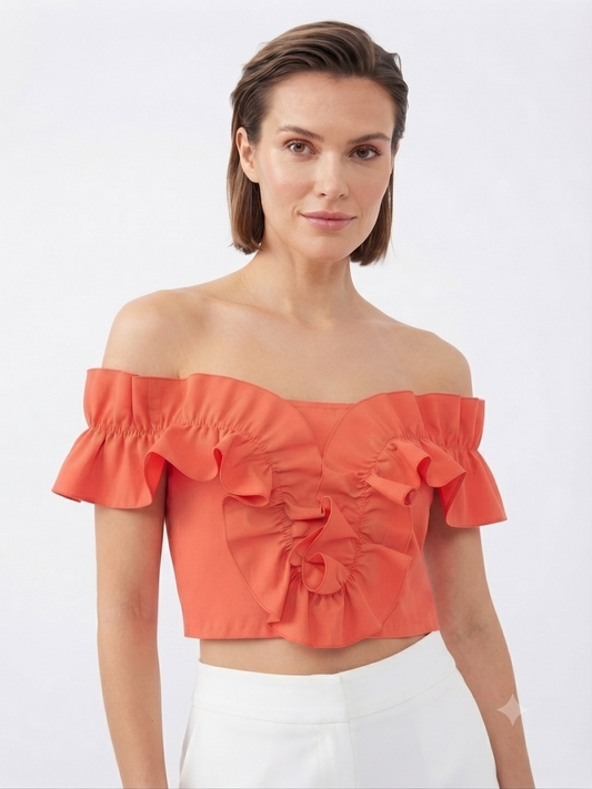 Blusa Dama OFERTA Crop Off Shoulder con Olanes Color Coral