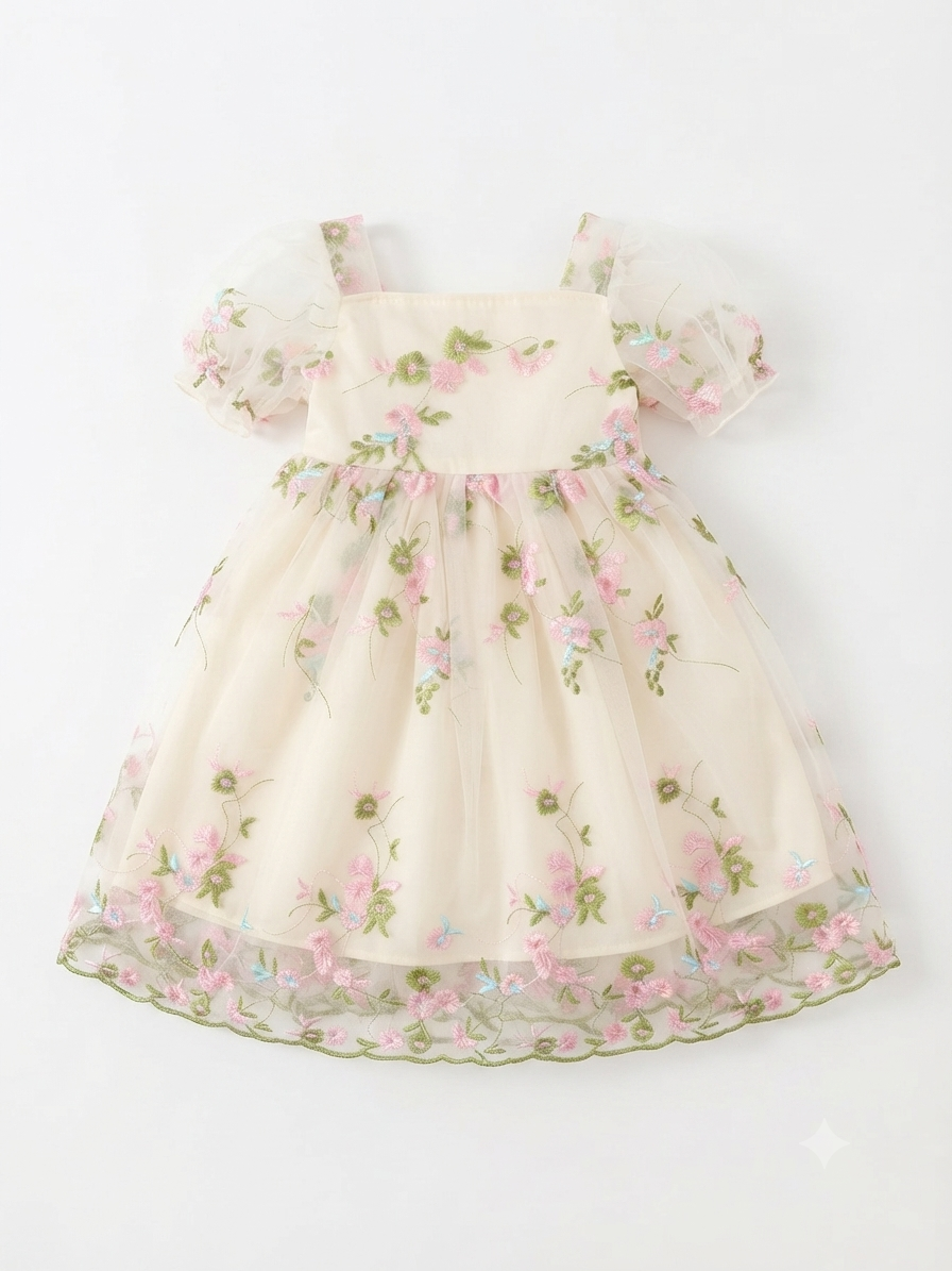 Vestido niña marfil con tul bordado floral y mangas de organza