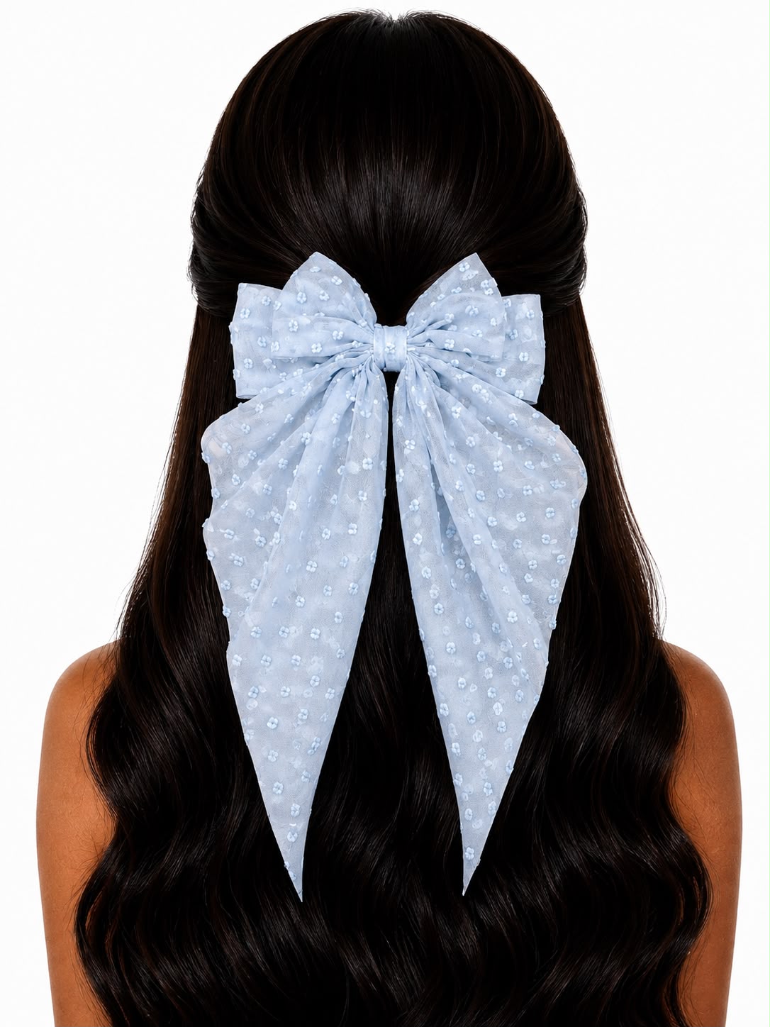 Moño coquette niña azul cielo con flores y tirantes largos 🎀🩵🌸