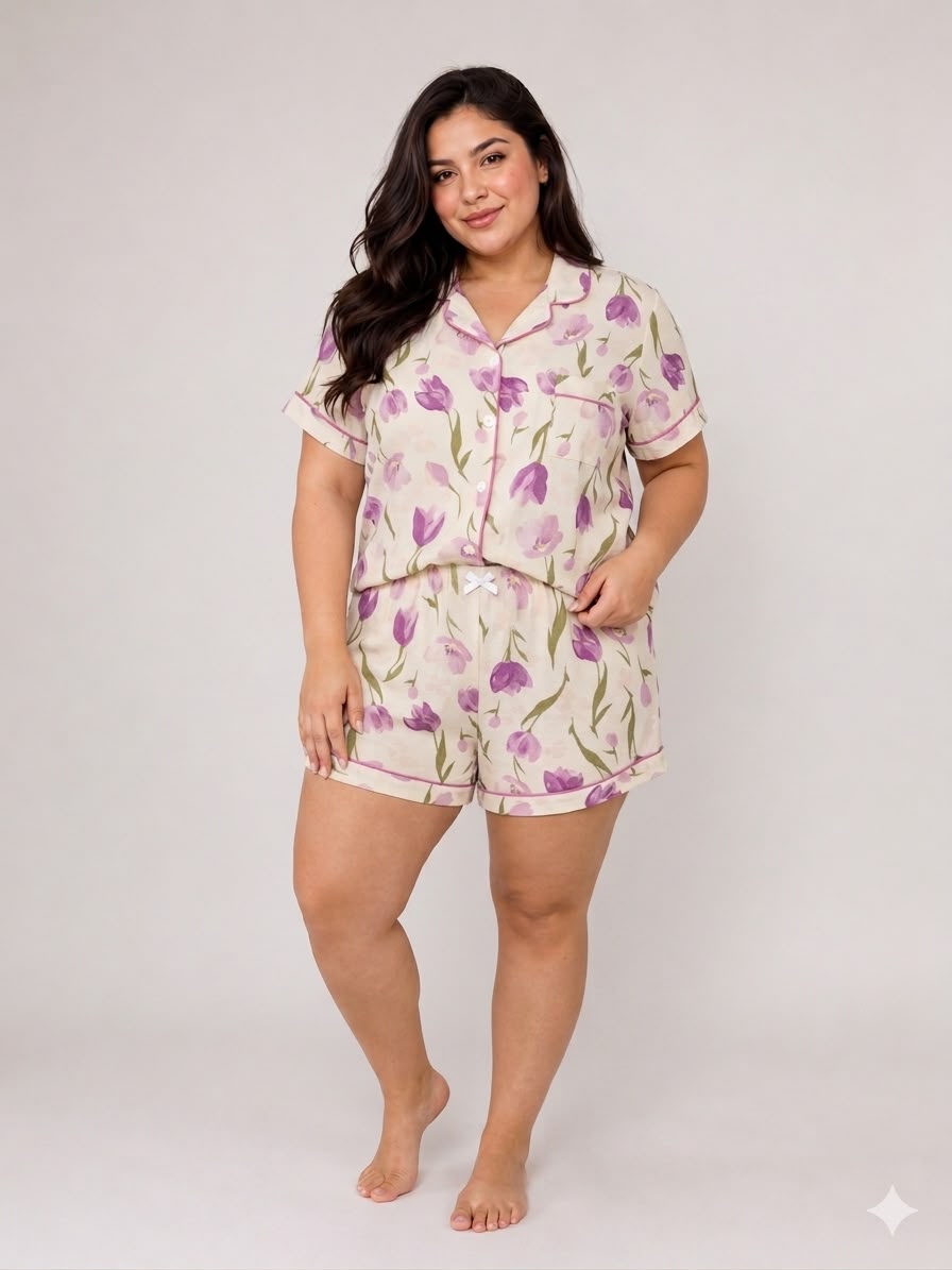 Pijama dama corta estampado floral lila