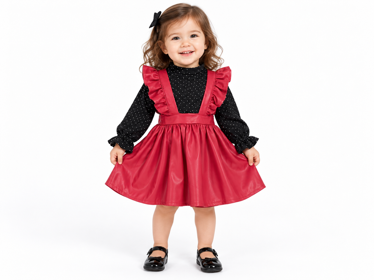Set Niña con Blusa de Lunares y Falda Tipo Piel con Olanes
