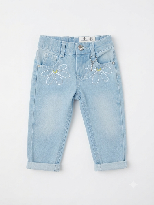 Pantalón niña de mezclilla con flores bordadas