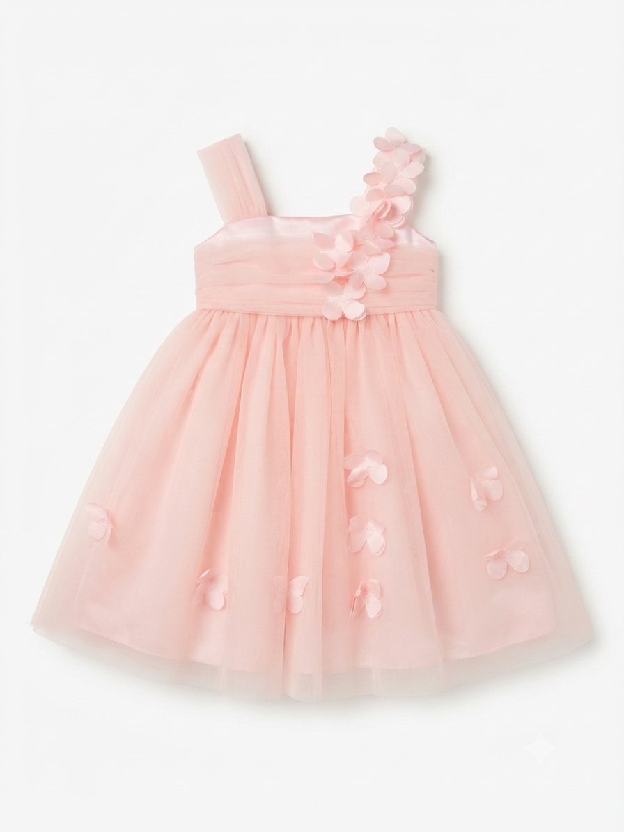 Vestido niña rosa con flores 3D y falda de tul