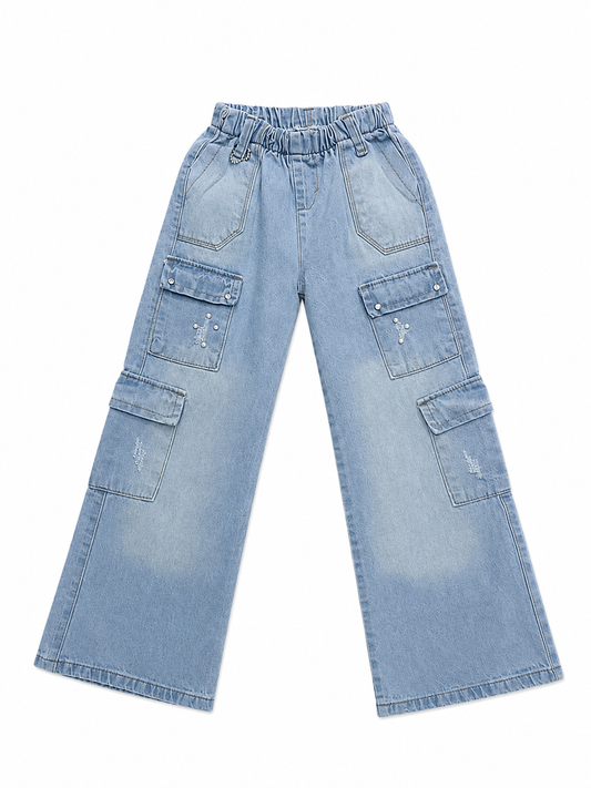 Pantalón niña cargo de mezclilla con cintura elástica
