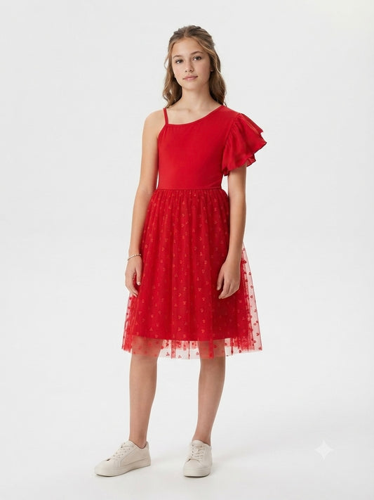 Vestido niña de un hombro con falda de tul y manga con olan
