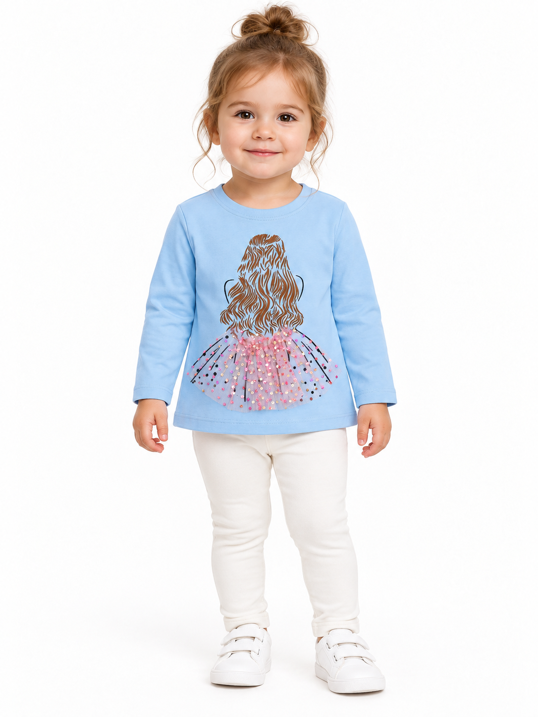 Blusa niña azul manga larga con detalle de tul
