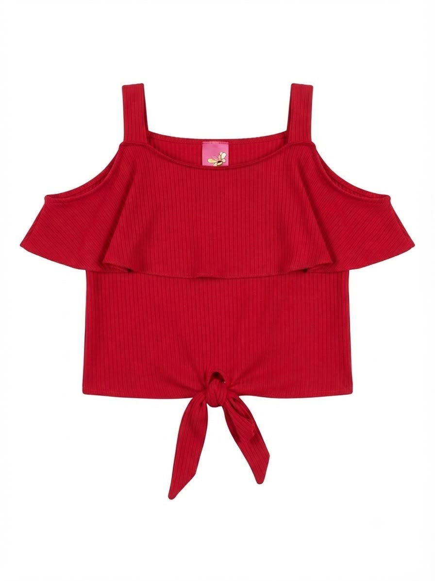 Blusa niña roja con hombros y moño frontal