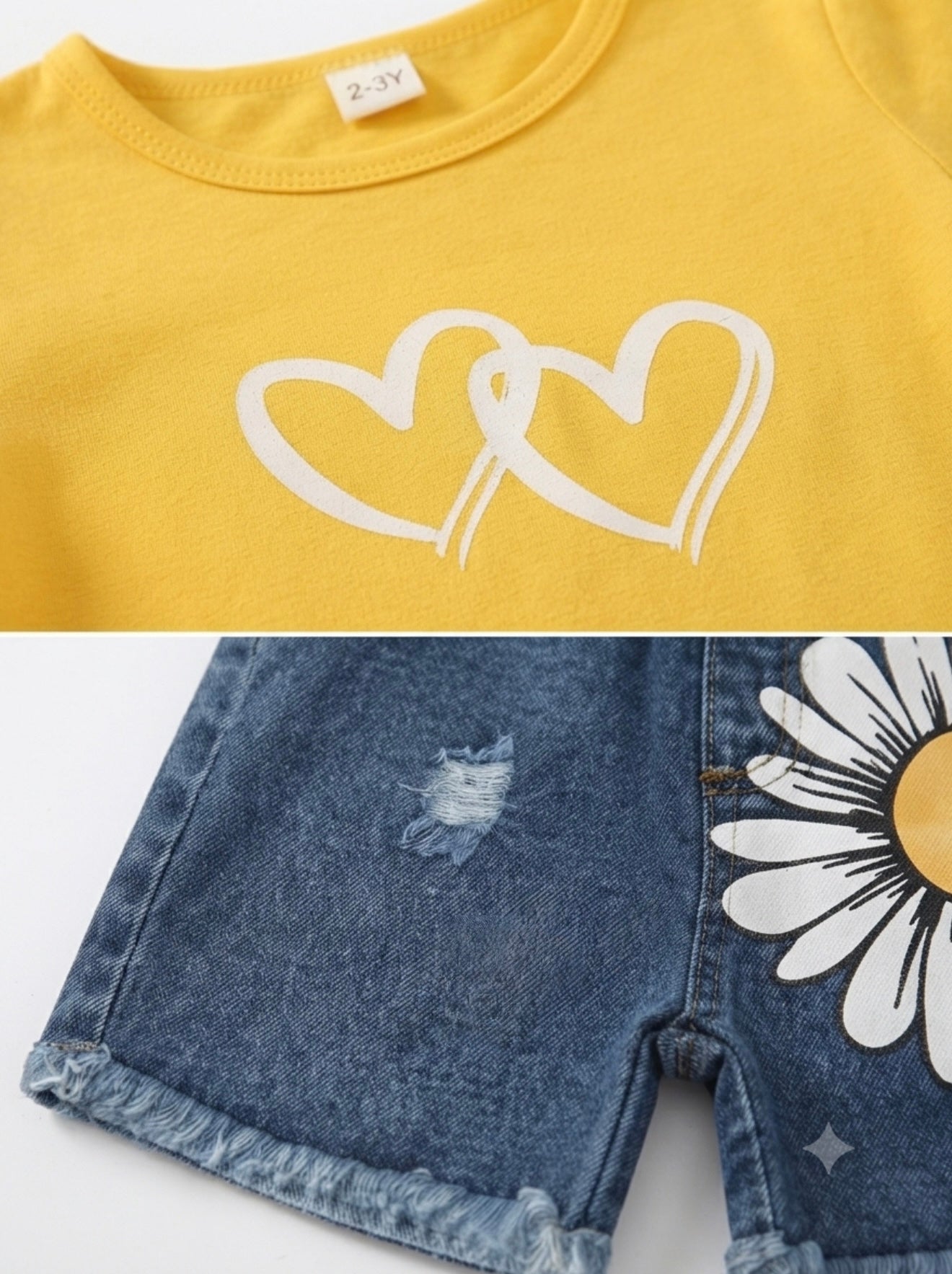 Set niña con playera amarilla y short de mezclilla con margarita