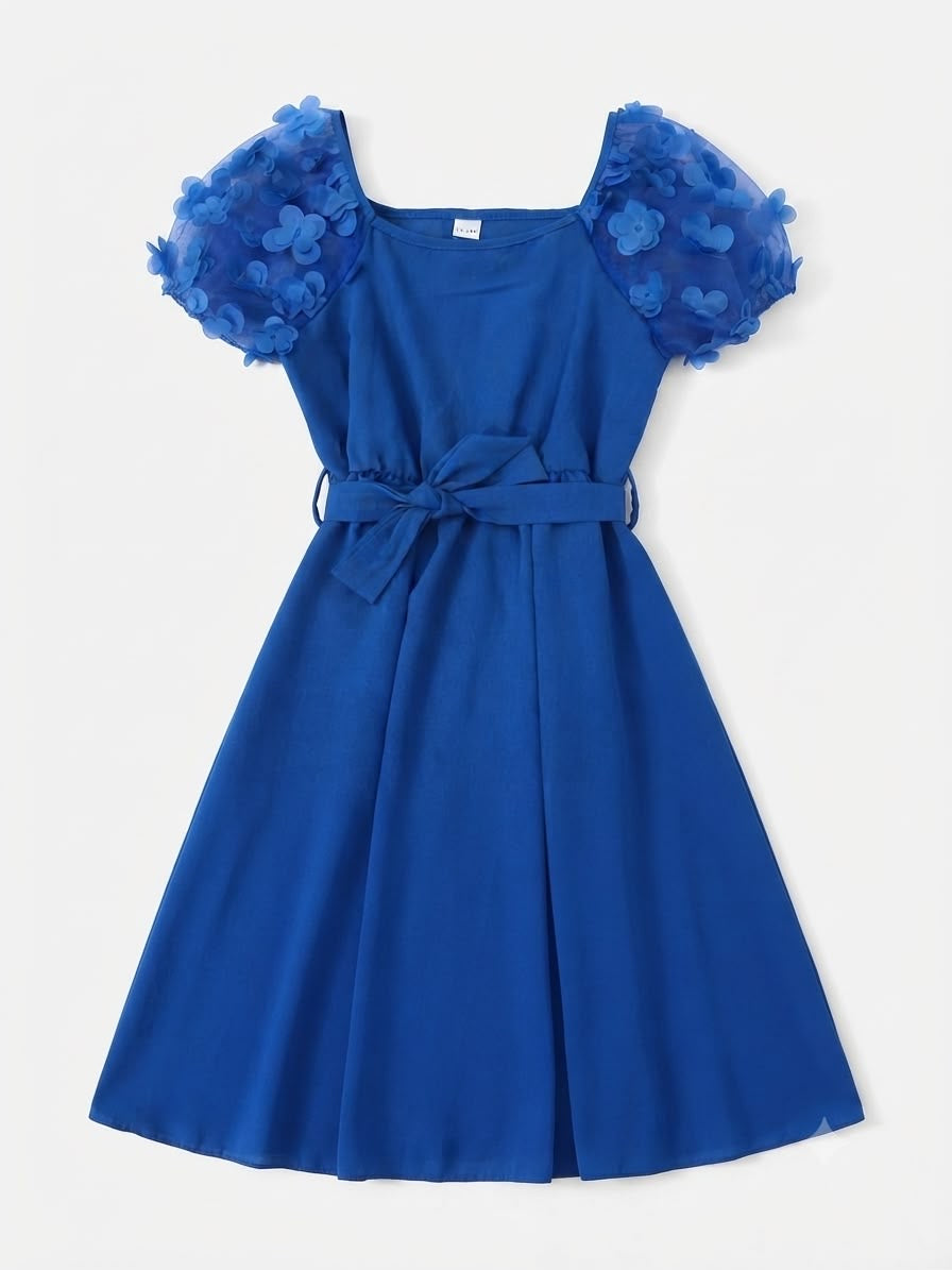 Vestido niña azul rey con mangas flores 3D