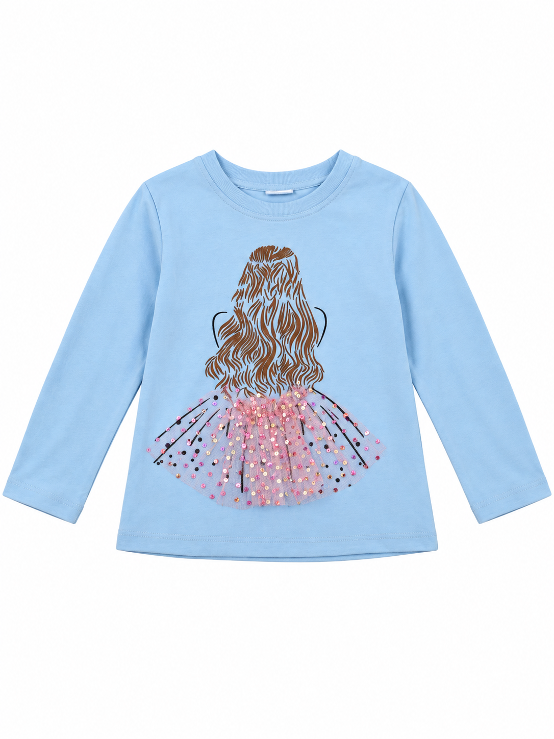 Blusa niña azul manga larga con detalle de tul