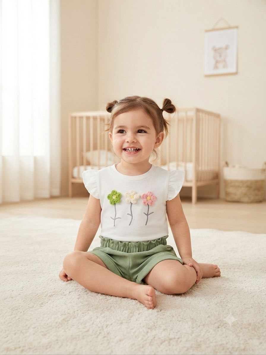 Set niña con blusa de flores y short verde