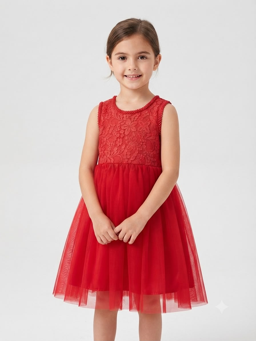 Vestido niña de fiesta rojo con encaje y tul