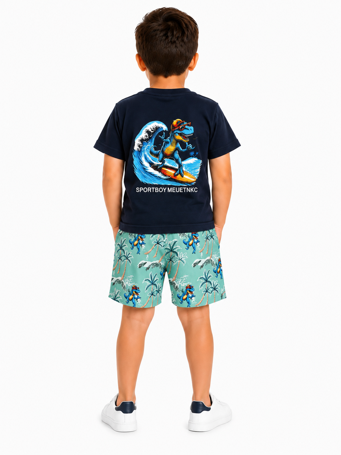 Set niño playera azul marino con short estampado tropical de dinosaurios estilo playero casual