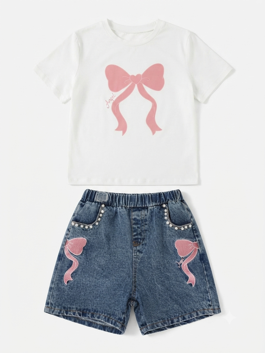 Set niña blusa blanca con moño rosa y short de mezclilla