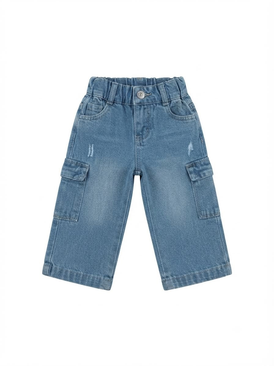 Pantalón Niña cargo mezclilla azul claro