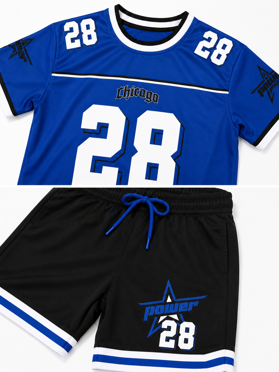 Set niño deportivo azul con short negro estampado número 28 estilo deportivo casual