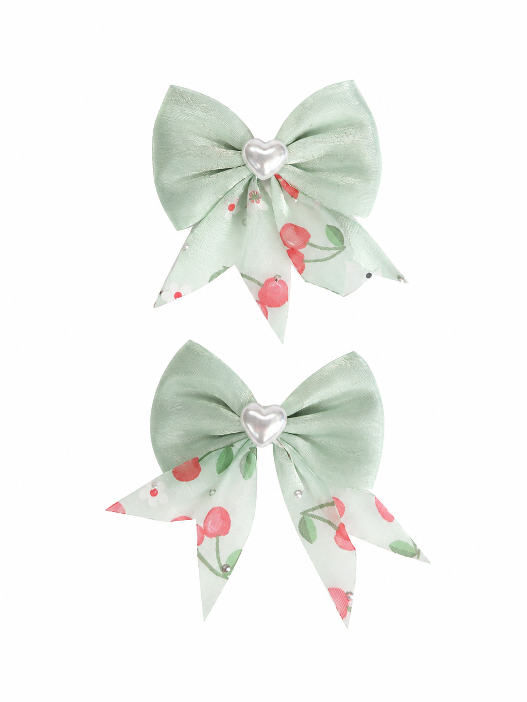 Moño par niña verde menta con cerezas y corazón