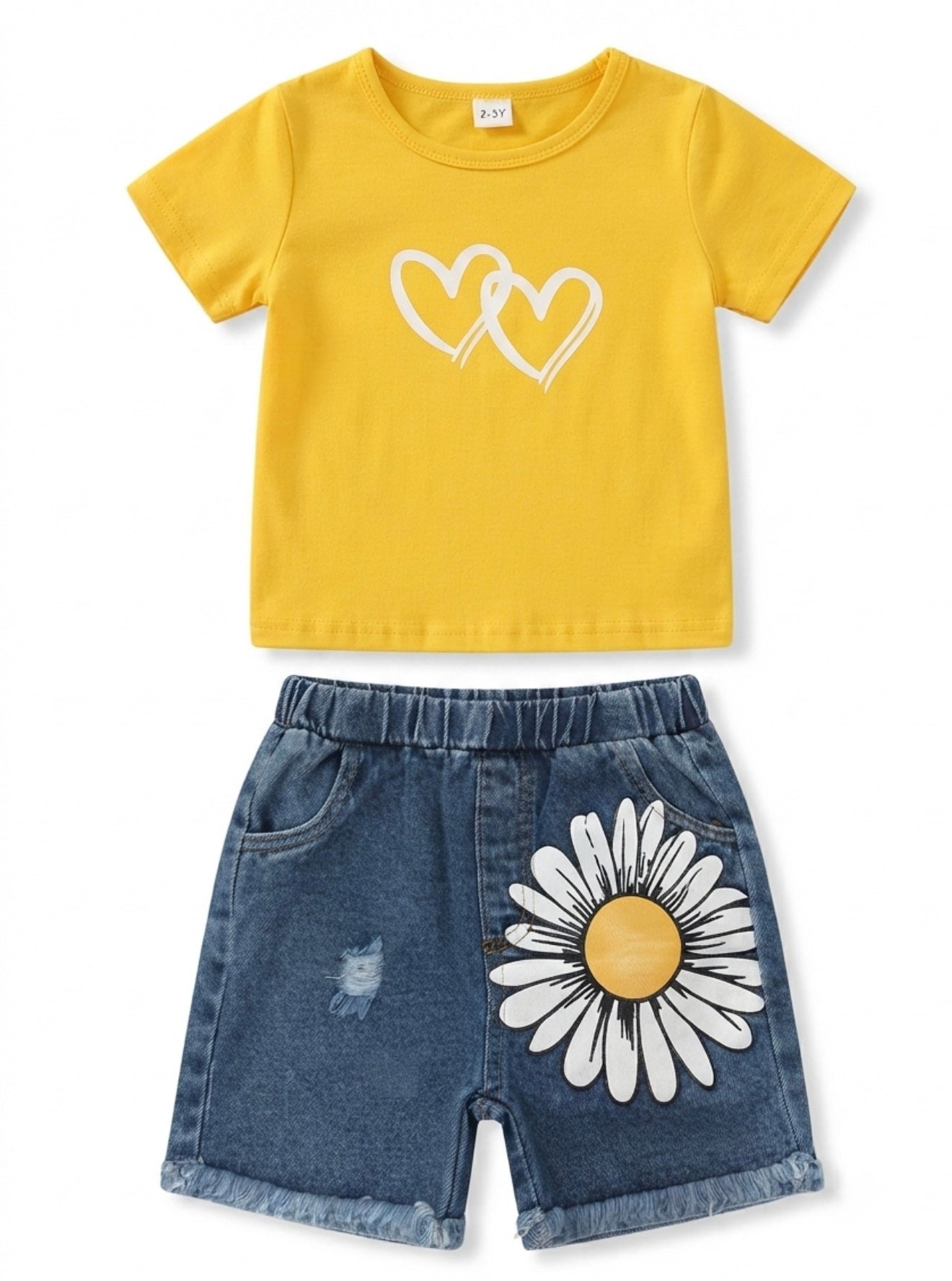 Set niña con playera amarilla y short de mezclilla con margarita
