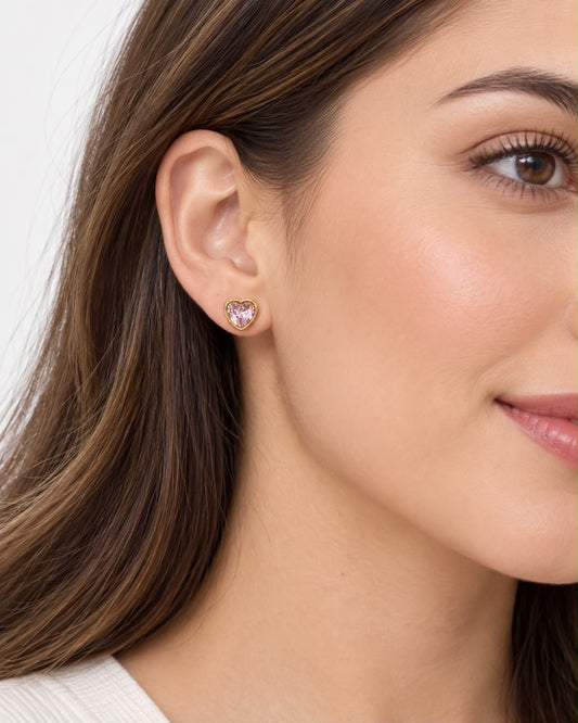 💗 Aretes dama corazón rosa con contorno dorado