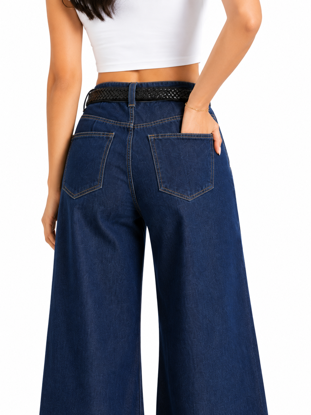 Pantalón dama mezclilla palazzo tiro alto con cinturón