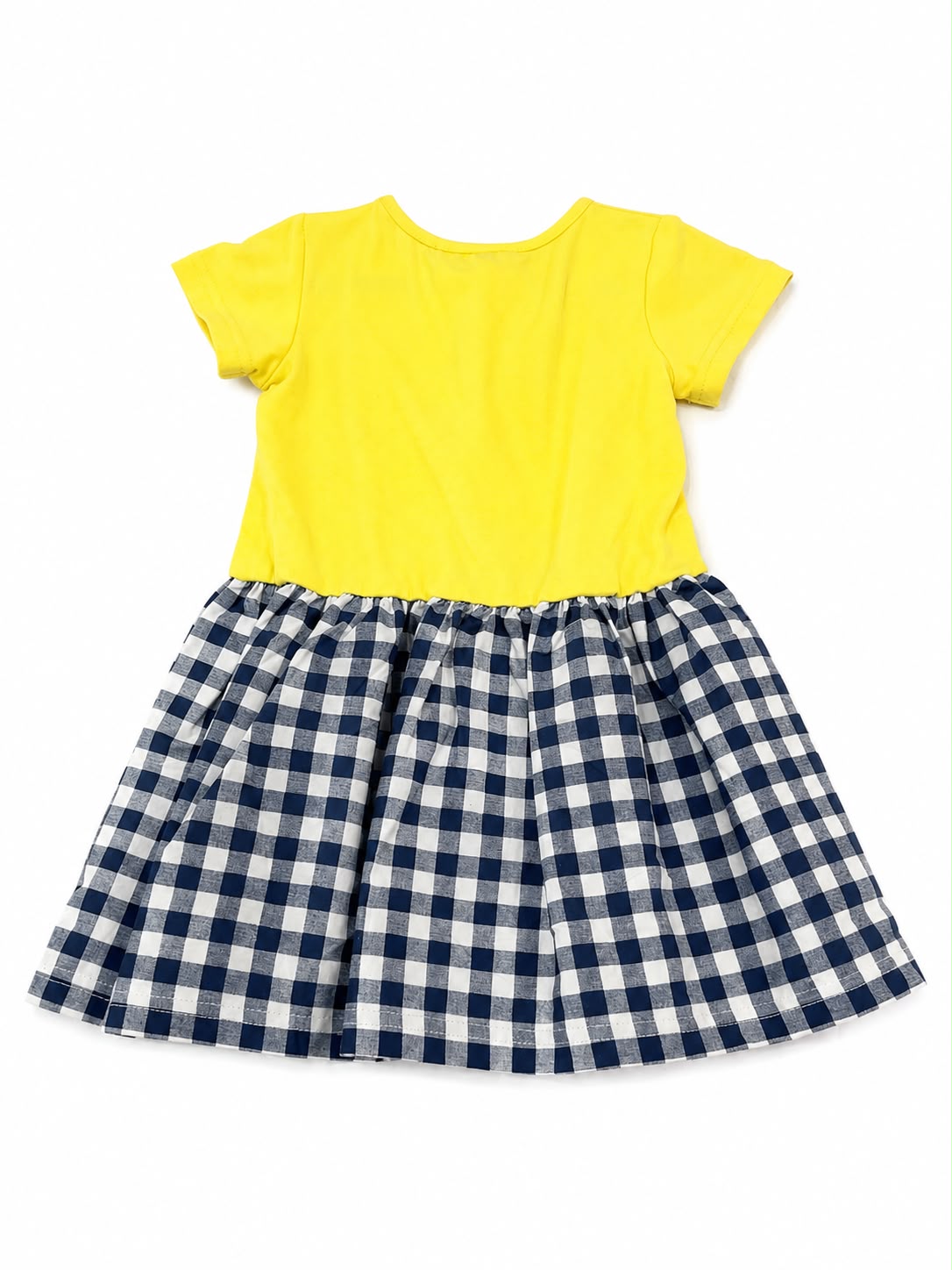 Vestido niña meses estampado cuadros con ilustración – Amarillo y azul marino