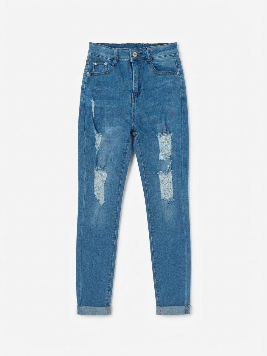 Pantalón dama mezclilla azul con rasgados