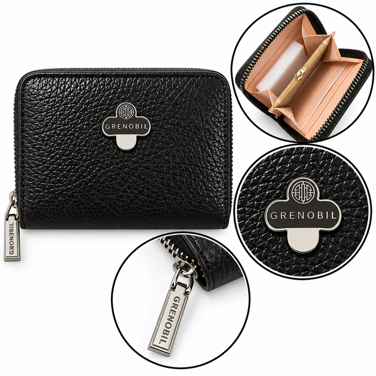Cartera dama compacta con cierre y detalles metálicos ✨