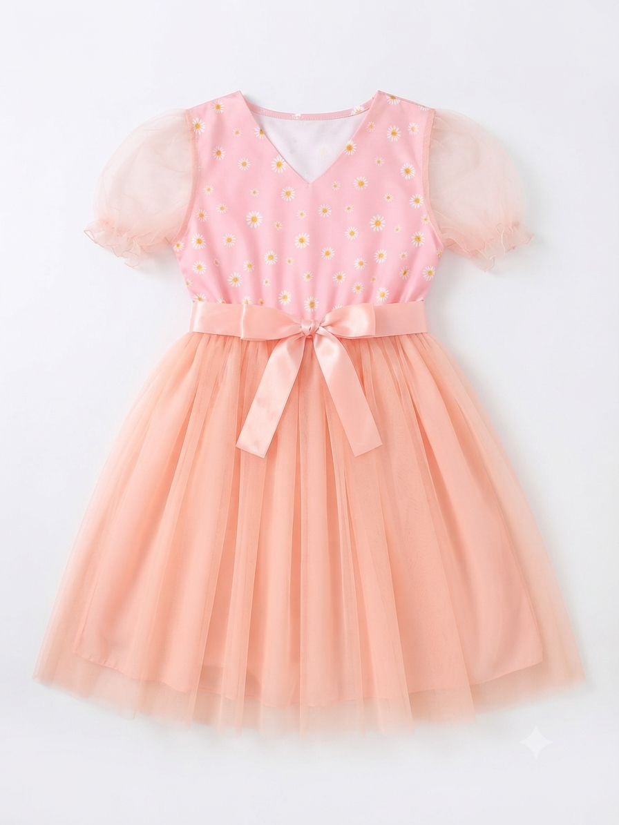 Vestido niña de tul con estampado de margaritas y moño decorativo