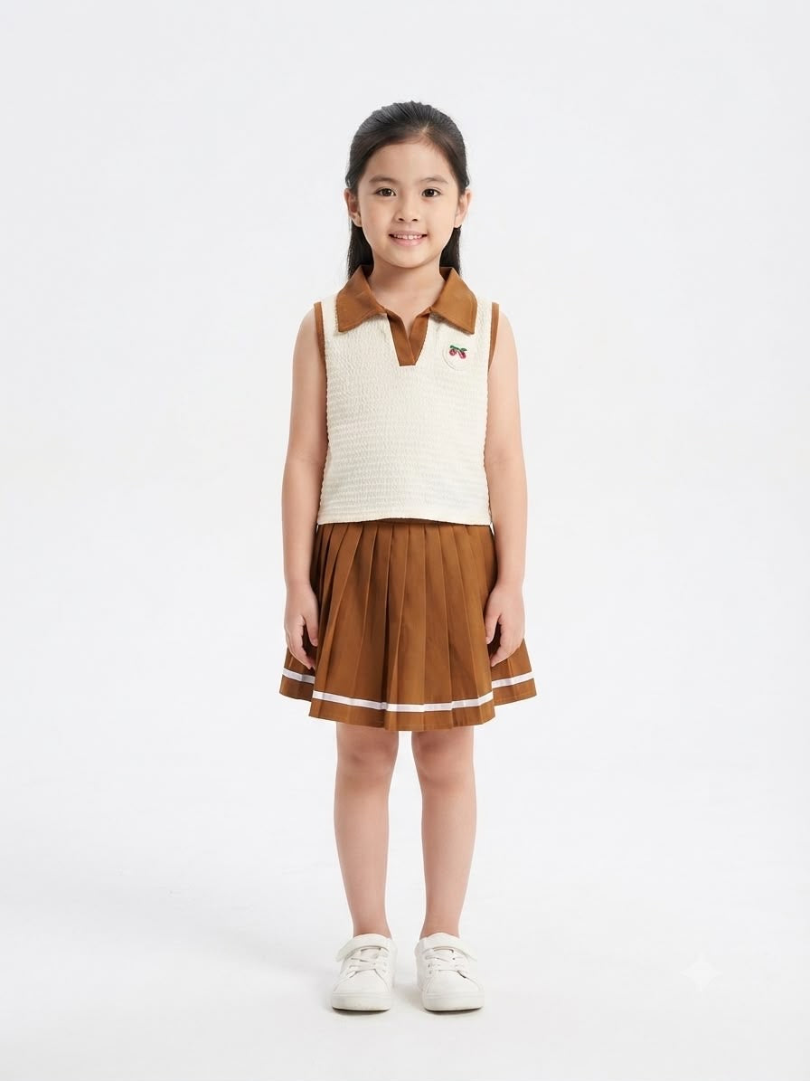 Set niña blusa tejido y falda plisada café beige