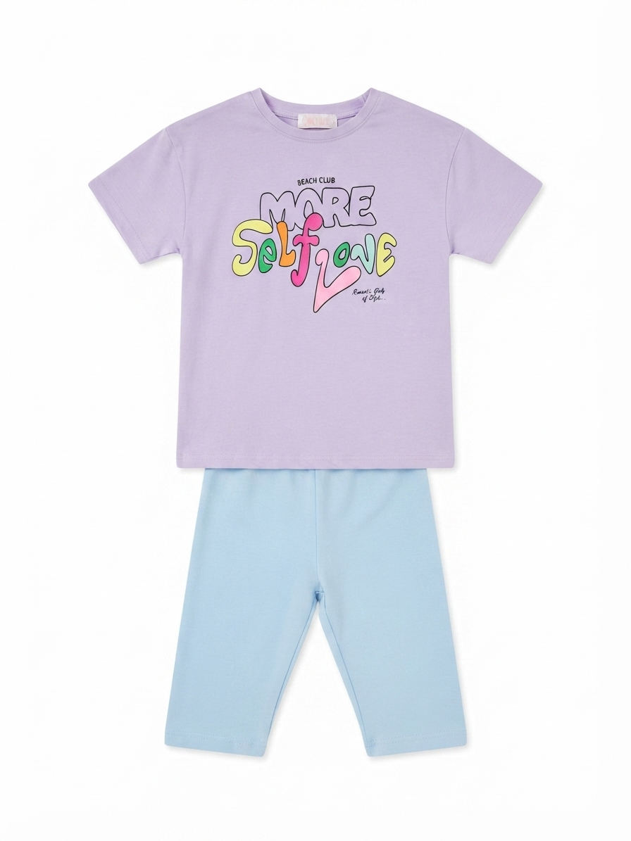 Set niña playera lila con leggings azul cielo