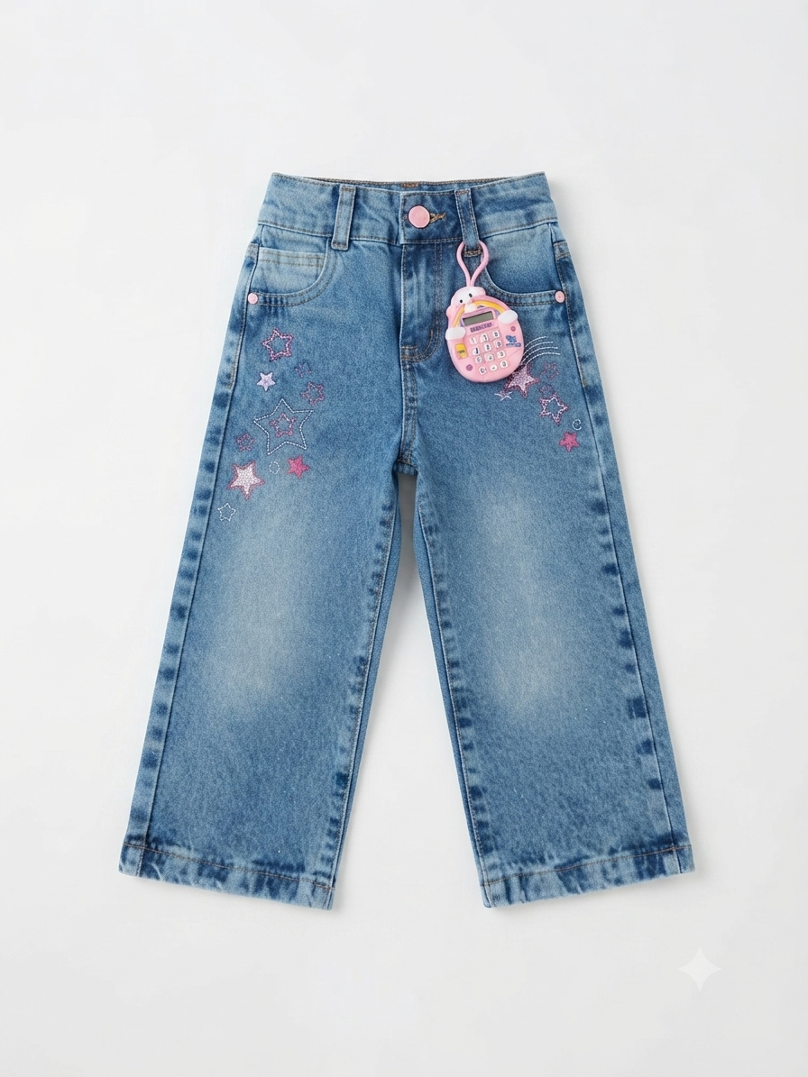 Pantalón niña de mezclilla con bordado de estrellas y calculadora llavero