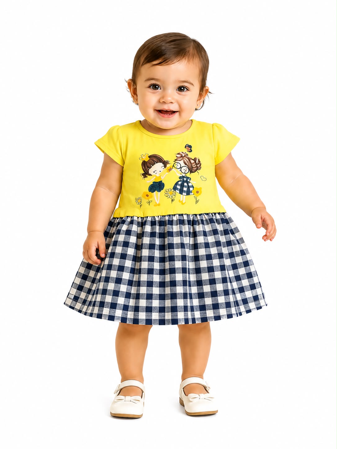 Vestido niña meses estampado cuadros con ilustración – Amarillo y azul marino