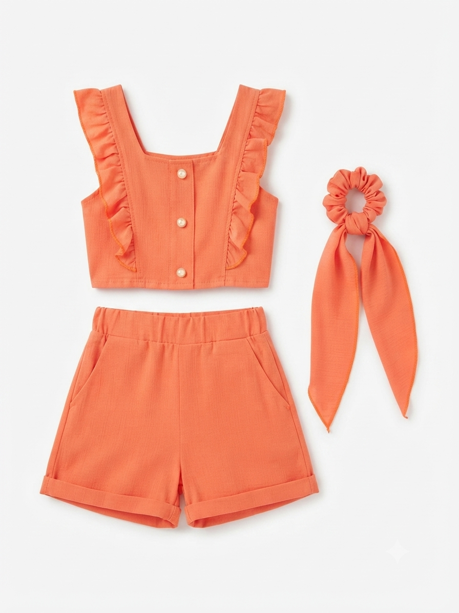 Set niña naranja con top de olanes, short y accesorio