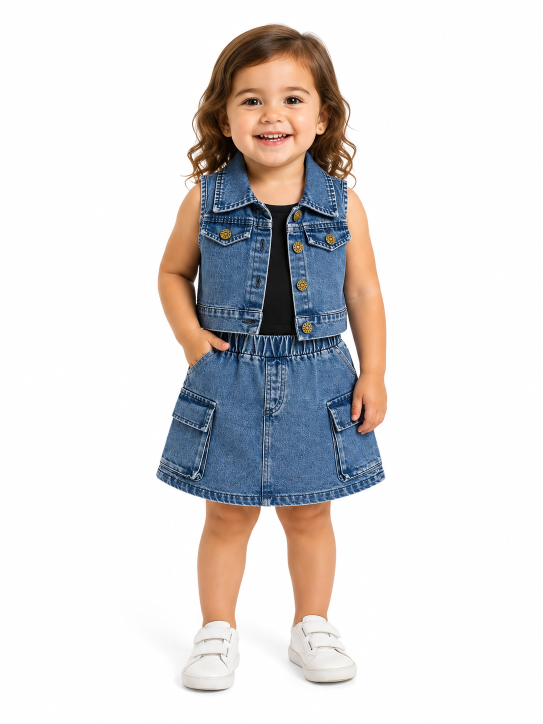 Set niña de mezclilla con chaleco y falda cargo