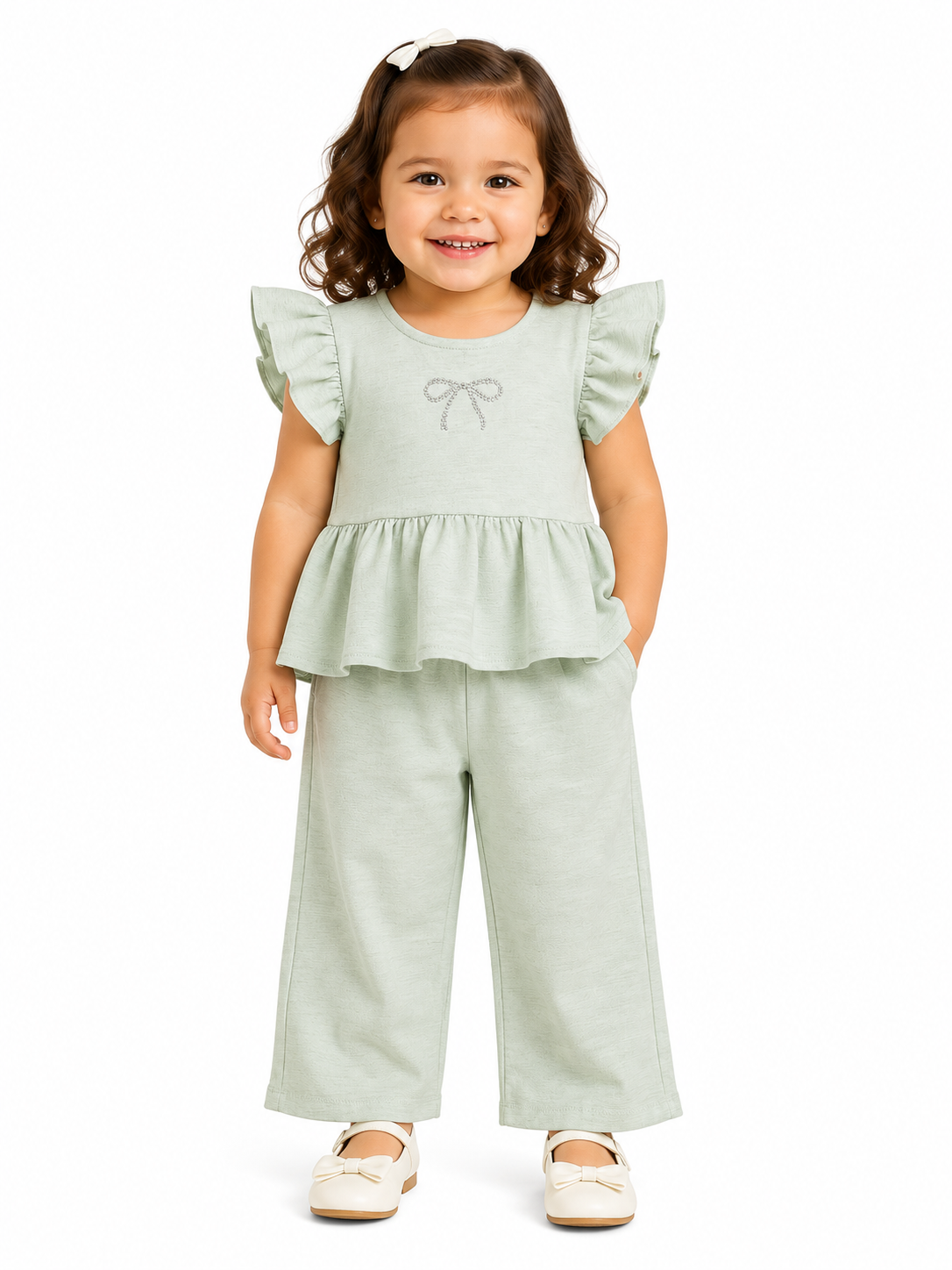 Set niña con blusa de olanes y pantalón palazzo