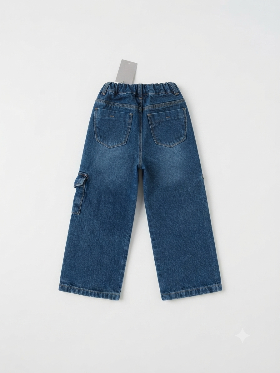 Pantalón niña cargo de mezclilla con pompón decorativo