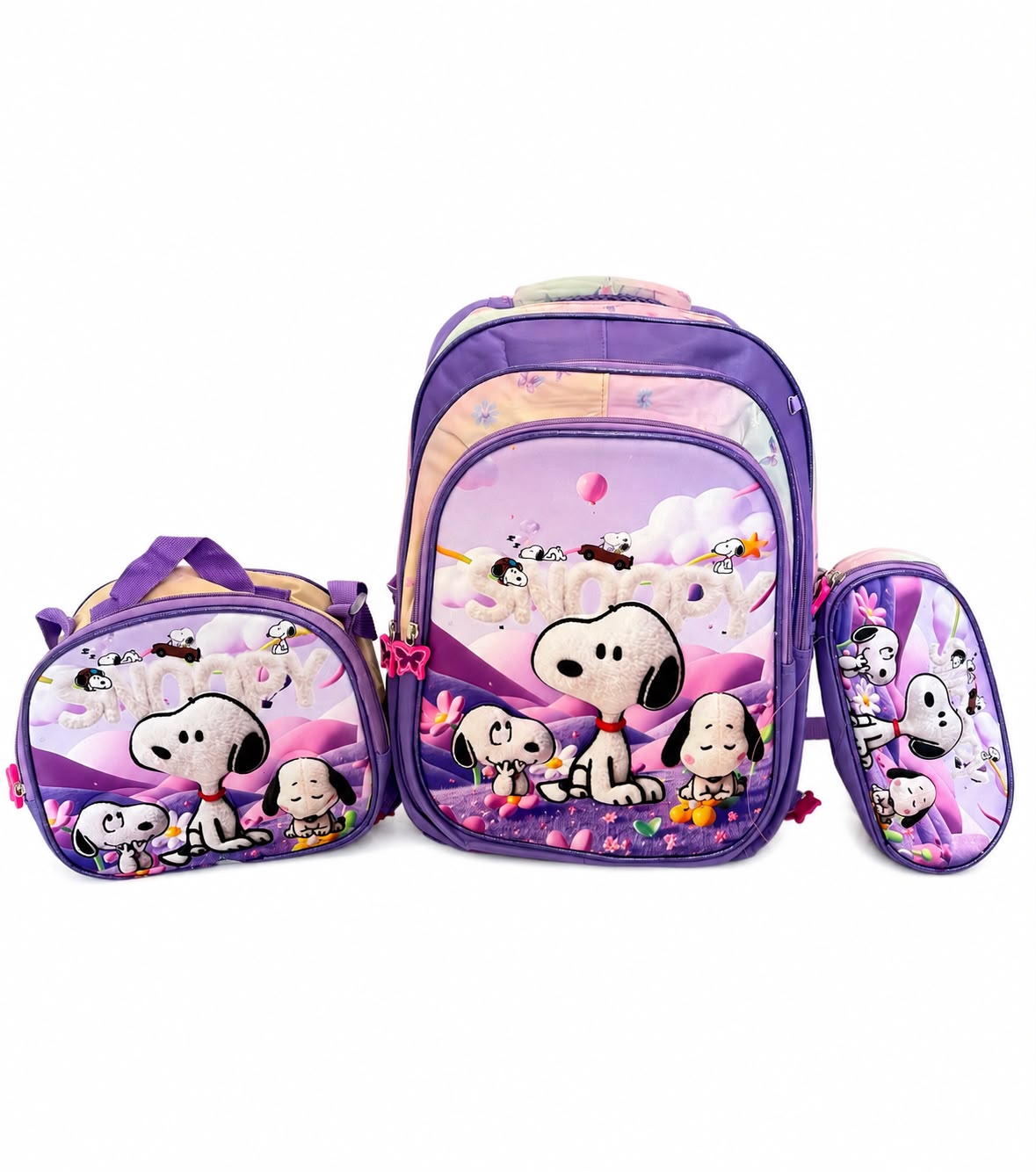 Set mochila infantil escolar Sn0opy lila 3 piezas