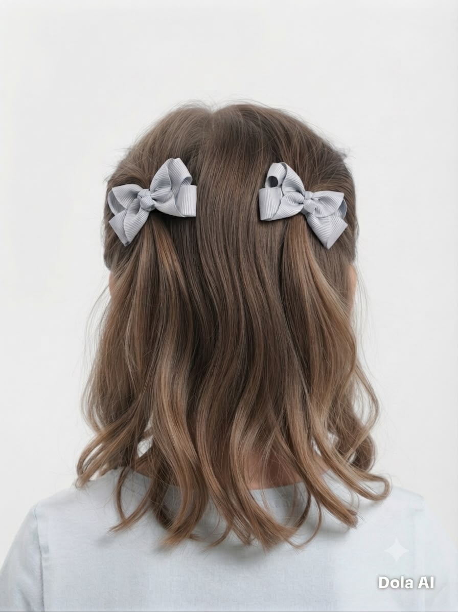 Moño par niña gris plata de listón