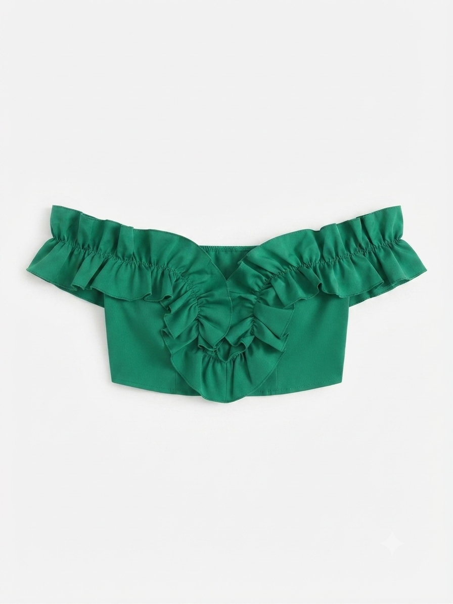 Blusa Dama OFERTA Crop Off Shoulder con Olanes Color Verde
