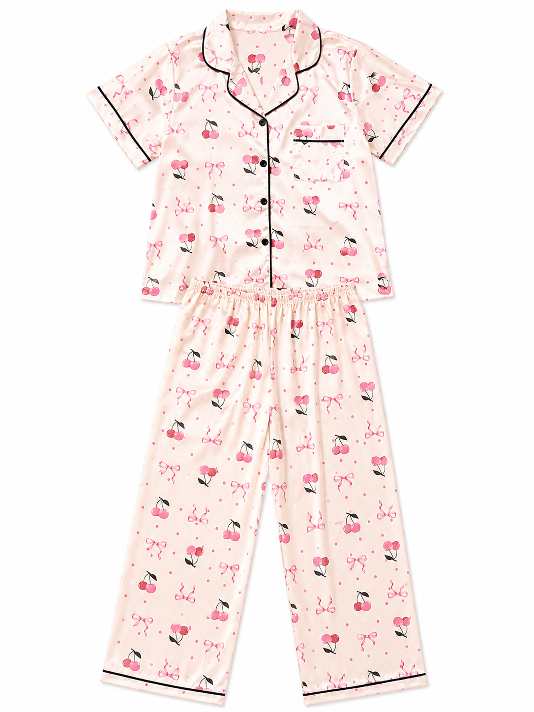 Pijama Dama satinada estampado cerezas y moñitos
