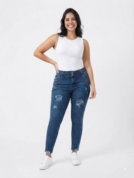 Pantalón Dama Skinny Azul Mezclilla Desgastado con Botones y Detalle en Bolsillos