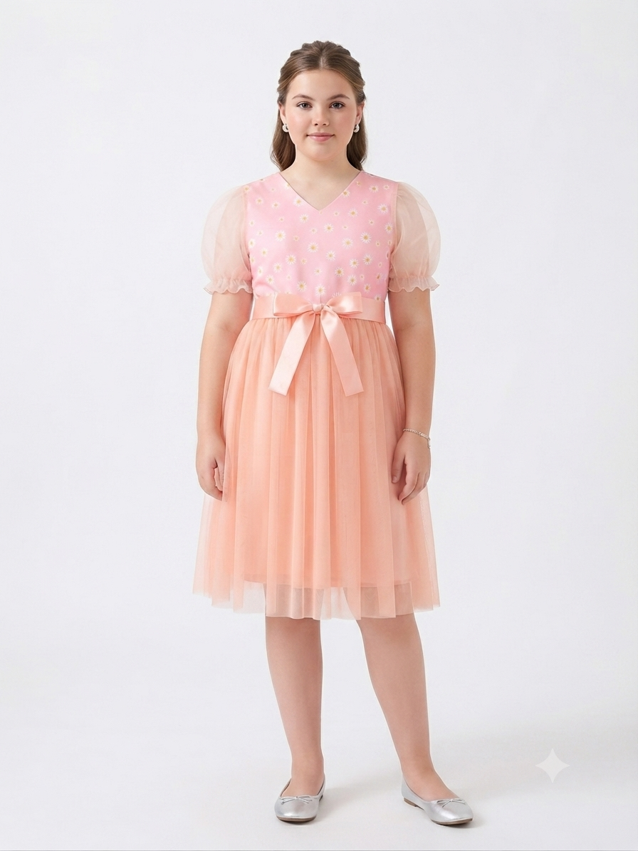 Vestido niña de tul con estampado de margaritas y moño decorativo
