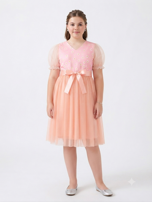 Vestido niña de tul con estampado de margaritas y moño decorativo