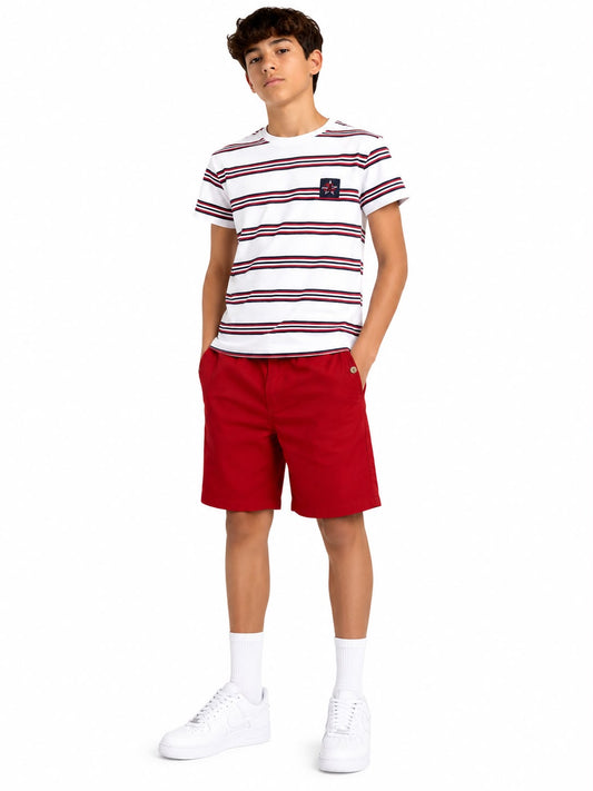 Set niño playera de rayas blanca con short rojo