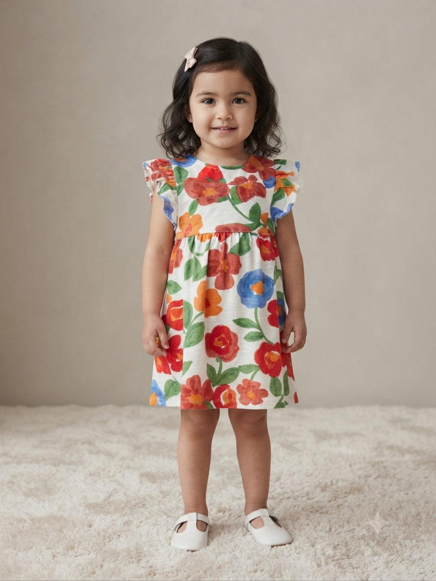 Vestido niña blanco con estampado floral multicolor y olanes en hombros