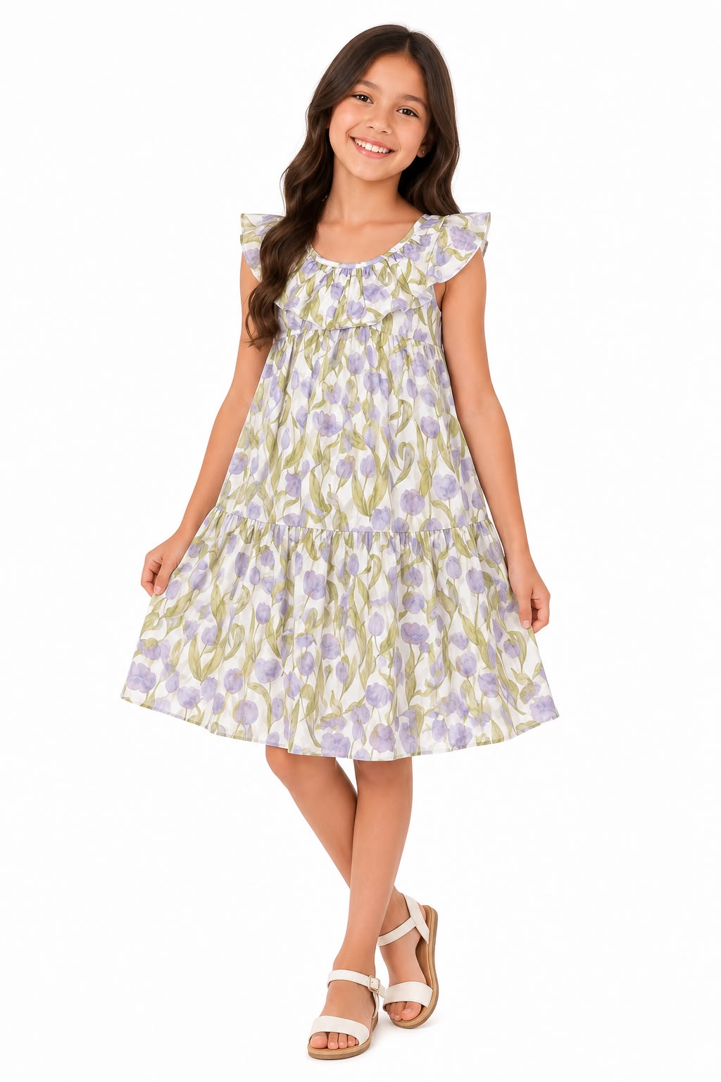 Vestido niña blanco con estampado de tulipanes lila