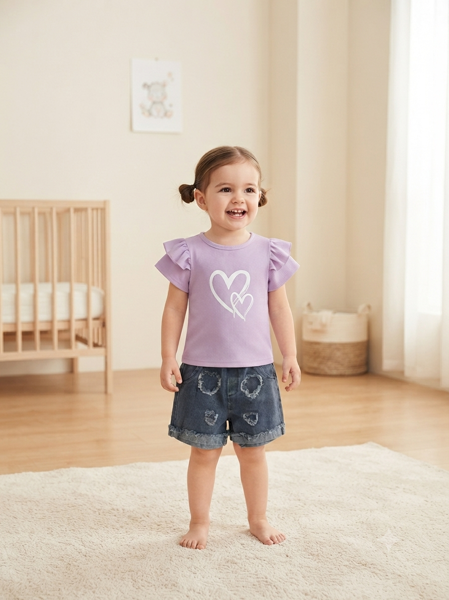 Set niña con blusa lila de corazones y short de mezclilla