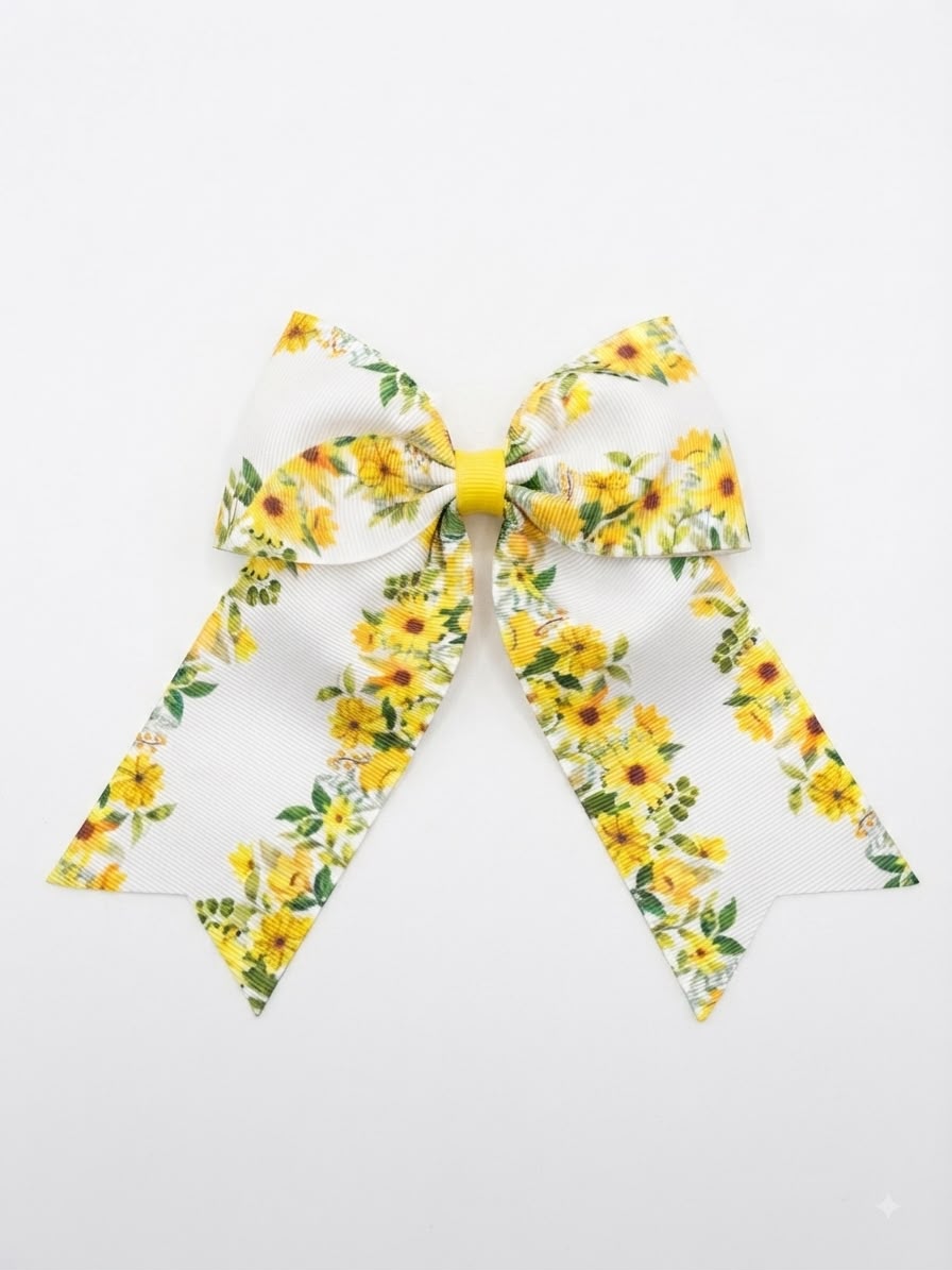 Moño niña blanco con estampado de girasoles y tiras largas